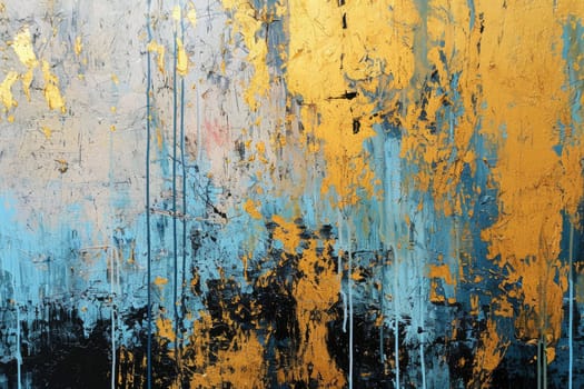 The abstract picture of the gold, blue and black colour that has been painted or splashed on the white blank background wallpaper to form random shape that cannot be describe yet beautiful. AIGX01.