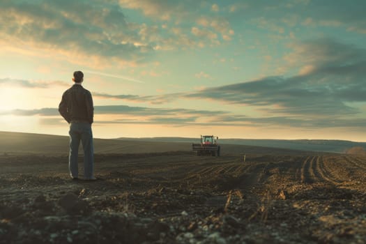 Portrait of farmer looking rice field sunset with golden ray with tractor parking. Skilled agricultural worker or researcher checking while standing at farm. Agriculture sustainable concept. AIG42.