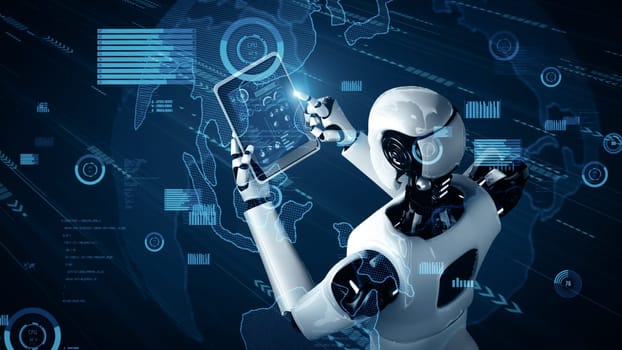 MLP 3d illustration Future financial technology controll by AI robot huminoid uses machine learning and artificial intelligence to analyze business data and give advice on investment and trading decision. 3D rendering.