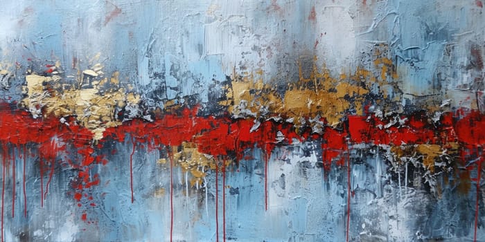 The abstract picture of the gold, blue and red colours that has been painted or splashed on the white blank background wallpaper to form the random shape that cannot be describe yet beautiful. AIGX01.