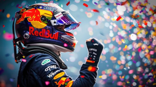 Close up of professional racing driver celebrate winning while putting in the air. Racing driver congratulate his success while standing at car competition surrounded with confetti falling. AIG42.