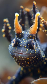 Closeup macro photography of a terrestrial animal with yellow spots, orange horns, and electric blue eyes resembling a fictional character. Wildlife organism with a snout