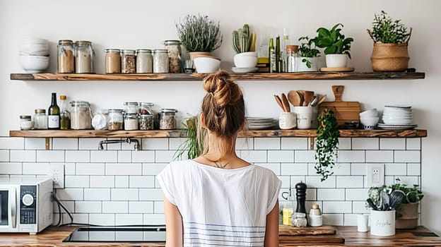 A woman with her hair in a bun stands facing an organized kitchen shelf adorned with plants and assorted jars - Generative AI