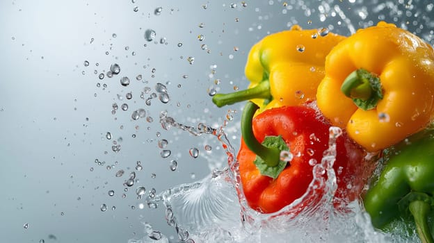 Vibrant bell peppers in red, yellow, and green make a dynamic splash as they are dropped into clear water, with droplets captured in mid-air against a light background - Generative AI