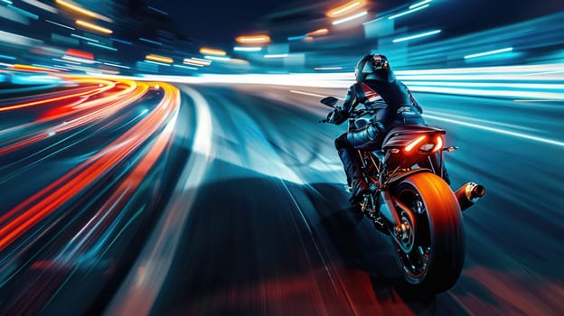 Back view of professional smart motorbike driver wearing helmet while driving in high speed surrounded with neon light at futuristic cityscape and skyscraper at night time. Blurring background. AIG42.