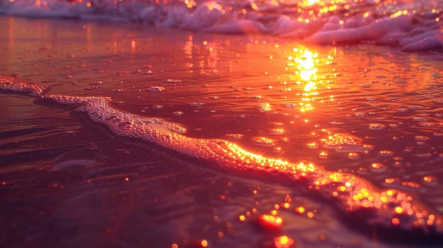 The afterglow paints the sky in shades of orange as the sun sets over the ocean, casting a golden hue on the crashing waves along the natural landscape of the beach AIG50