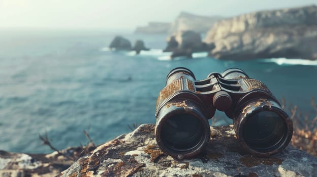 A pair of binoculars rests on a sturdy rock overlooking the ocean, where wind waves crash against the rocky shores and liquid water meets solid bedrock AIG50