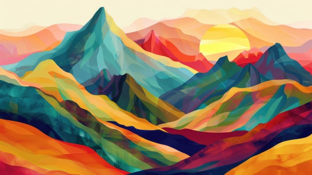 A vibrant painting of a mountain range with the sun shining through the orangetinted mountains, showcasing creative use of tints and shades and triangular shapes AIG50