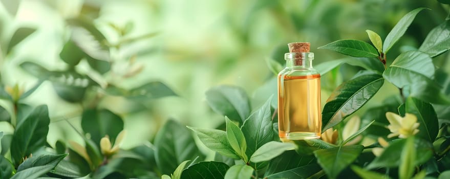 A glass bottle of plantbased liquid solution, surrounded by lush green leaves and flowers, adding a touch of nature to any space