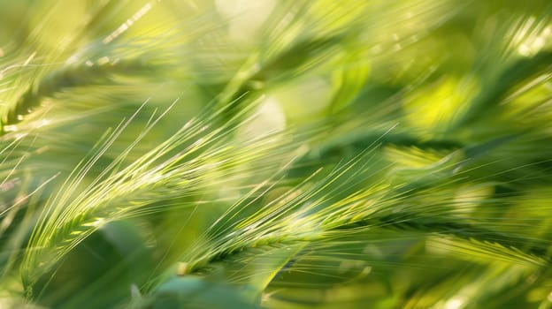A closeup shot capturing the movement of tall terrestrial plants in a windy natural landscape. The grassland sways gracefully in the wind AIG50