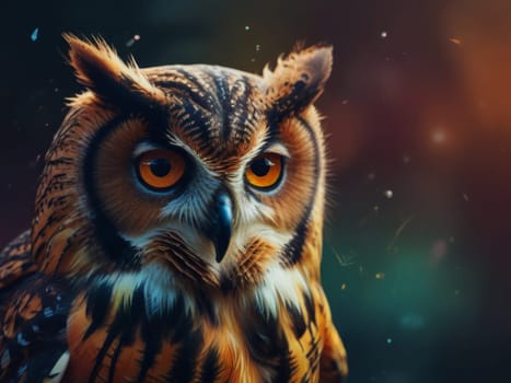 Predatory wild animal of the feathered family. An owl with bright plumage Generative AI