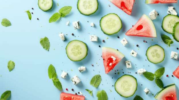 A refreshing salad featuring watermelon, cucumbers, feta cheese, and mint, served on a vibrant blue background. This dish combines fresh ingredients to create a colorful and delicious cuisine staple AIG50