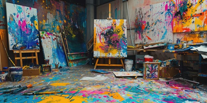 An artist's studio in full creative chaos, paint splattered everywhere, canvases in various stages of completion, vibrant colors clashing and blending. Resplendent.