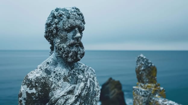 A sculpture of a woman on a rock, gazing out over the vast ocean in a serene natural landscape, with the sky and water blending seamlessly AIG50
