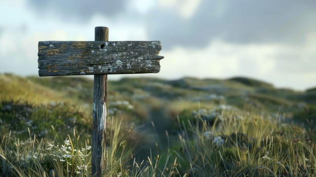 A wooden sign with a cross symbol and religious font, pointing right in a field under a sky. It blends art with natural landscape, resembling a twig in a cemetery AIG50