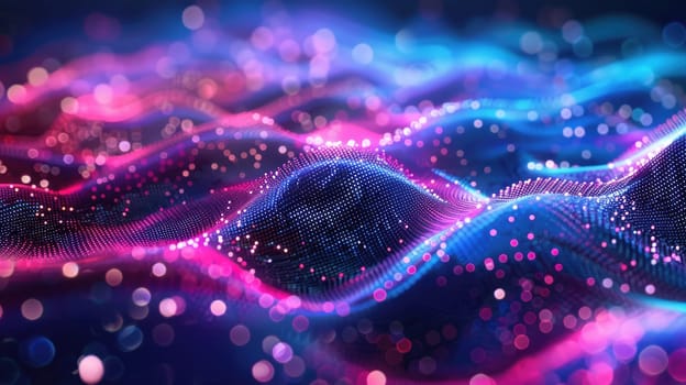 Blue and pink glowing dots form into a wave-like surface AIG51A.