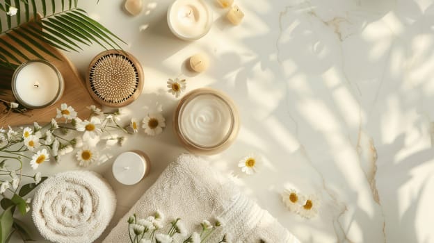 The table is adorned with a beautiful display of candles and flowers, including yellow chamomile blooms. The combination creates a serene and artistic atmosphere AIG50