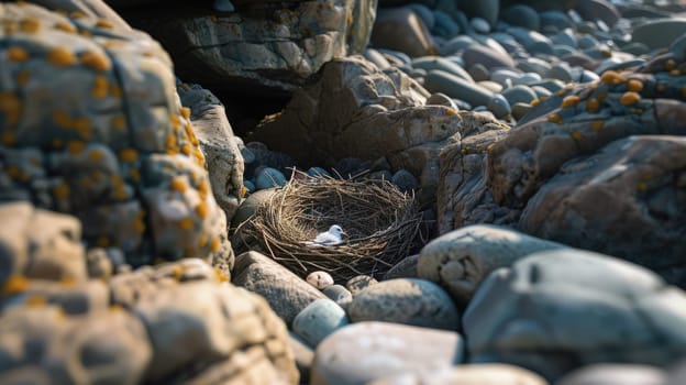 A seabird with a sharp beak, part of the Charadriiformes order, is perched on a rock nest made of natural materials on the bedrock soil landscape AIG50