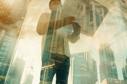 Professional civil engineer holding project plan with double exposure with building. Skilled architect and interior designer reading blueprint and standing while inspect with cityscape view. AIG42.