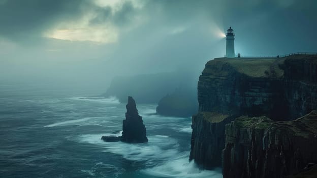 A lighthouse stands on a cliff above the ocean on a cloudy day, with water below, cumulus clouds in the sky, and wind waves on the horizon AIG50