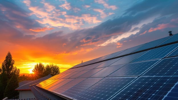 The sun sets behind a residential area equipped with solar panels, highlighting sustainable energy solutions in a suburban setting. AIG41