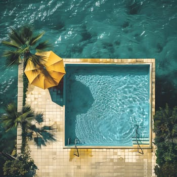 The azure water of a rectangular swimming pool contrasts with the electric blue sky. A yellow umbrella and palm trees provide shade in the natural landscape