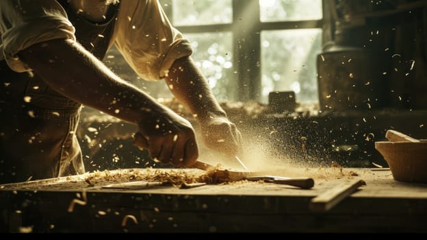 An experienced artisan carefully shapes wooden elements, demonstrating the art of fine woodworking in his cluttered workshop. AIG41