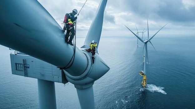 A team is constructing a wind turbine in the ocean, blending water, wind, and adventure to generate sustainable energy. AIG41
