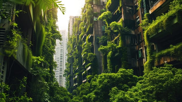 The picture about the apartment and building that has been covered with green plant or tree that covered almost every part of the buildings under the bright light from the sun in the daytime. AIGX03.