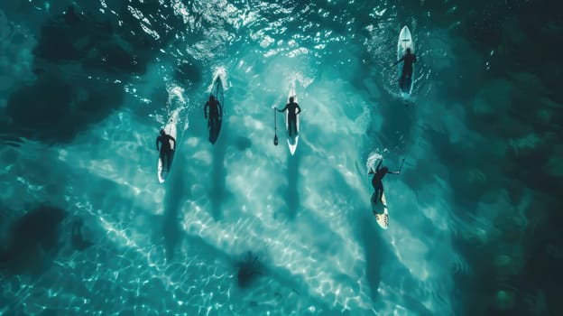 A group of surfers are riding wind waves on the electric blue water, enjoying a recreational event in the ocean. The marine biology and patterns underwater add to the beauty of the scene AIG50
