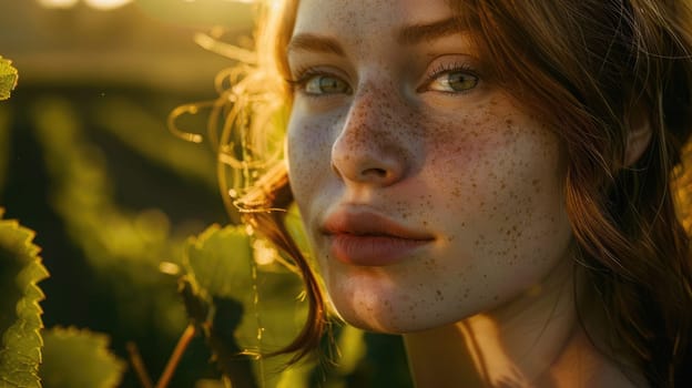 A close up selfie of a happy woman with freckles, green eyes, and brown hair. Her nose, eyelashes, and iris are in focus, giving a fun and natural look AIG50