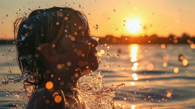 A young girl is happily swimming in the liquid landscape of the ocean at sunset, enjoying the fluid motions and reflections on the waters surface AIG50