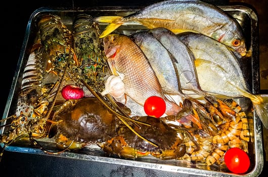 Lobster Shrimps Crabs Squid Seafood on plate in the hand in Bentota Beach Galle District Southern Province Sri Lanka.