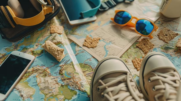 A traveler is laying on a map with a backpack and camera, capturing the worlds beauty. The scene combines art, travel, and leisure in a unique way AIG50
