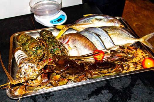 Lobster Shrimps Crabs Squid Seafood on plate in the hand in Bentota Beach Galle District Southern Province Sri Lanka.