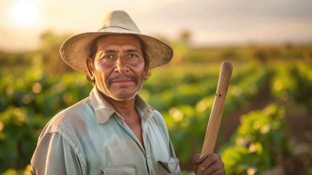 Portrait of young skilled farmer working at rice field sunset with golden ray. Smart agricultural people checking his crop while looking at camera and standing. Agriculture sustainable concept. AIG42.