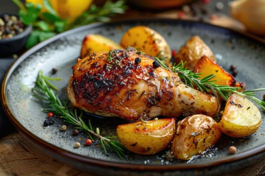 A delicious and healthy meal of roasted chicken and potatoes, seasoned with rosemary and other herbs. AIG51A.