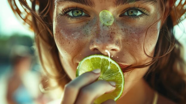 With a smile, she takes a bite of the sour lime, feeling happy as the juice drips down her chin. Her surfer hair flutters in the breeze, while the grass tickles her bare feet AIG50