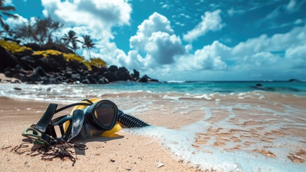 A pair of scuba diving goggles lay on the sandy beach, with azure waters and blue skies creating a picturesque natural landscape. Vision care eyewear for underwater adventures AIG50