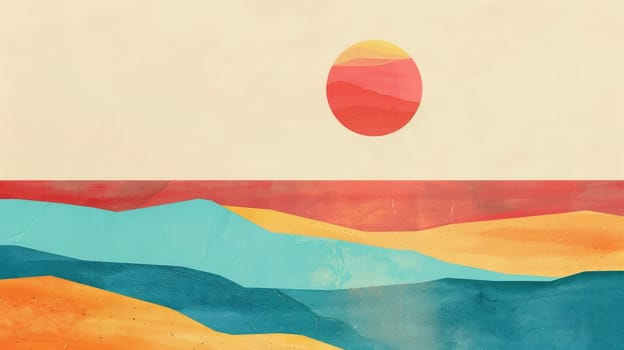 A vibrant painting of a mountain landscape with the sun in the background, featuring electric blue and magenta hues in a rectangular format AIG50