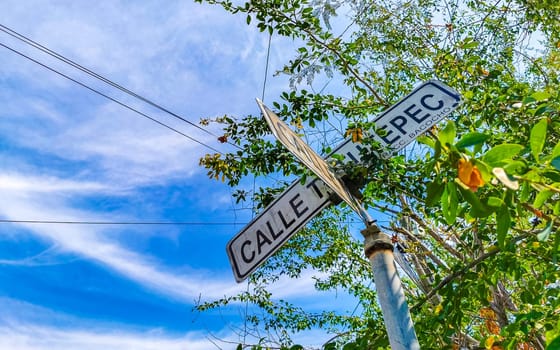 Blue and white road street signs and name for orientation of streets and roads in Zicatela Puerto Escondido Oaxaca Mexico.