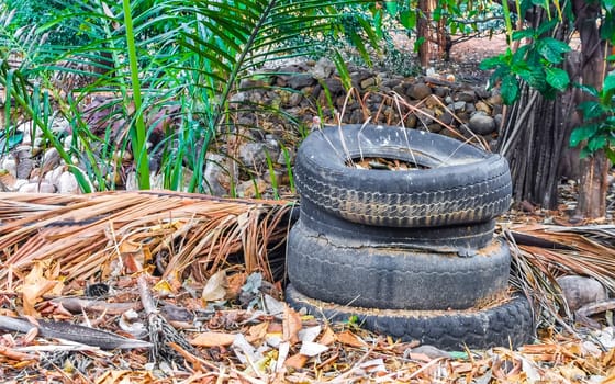 Old tires in the tropical nature garbage in Zicatela Puerto Escondido Oaxaca Mexico.