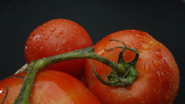 Macrography, tomatoes nestled within a rustic wooden basket are showcased against a dramatic black background. Each close-up shot captures the rich colors and textures of the tomatoes. Comestible.