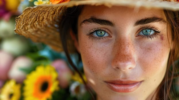 Closeup of a happy woman with brown hair, wearing a straw hat and smiling. Her eyelashes and nose are visible. She looks like she is having fun during her travel, standing in the grass AIG50