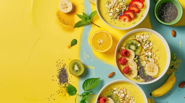 Four bowls of oatmeal topped with fruit and nuts displayed on a table, showcasing a delicious and nutritious dish made with natural foods AIG50