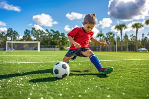 Portrait of children running and playing football at football field. Attractive energetic boy wearing sportswear while preparing for powerful kick at soccer field. Skilled kid playing soccer. AIG42.
