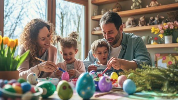 Photography of lovely happy family spending time together while painting easter egg. Happy family gathering together and decorating easter egg with colorful watercolors at table. Easter day. AIG42.