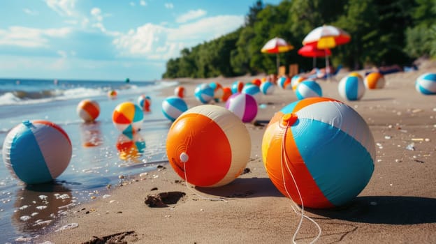 Three colorful beach balls are scattered on the sandy shore, inviting people to enjoy leisure and fun by the water. A perfect scene for a beach event or recreational activity AIG50