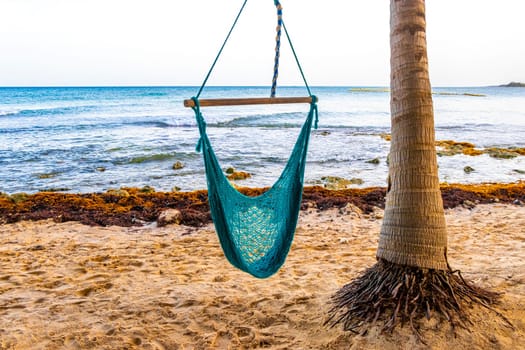 Hammock on a tropical paradisiacal beach in the Caribbean in Playa del Carmen Quintana Roo Mexico.