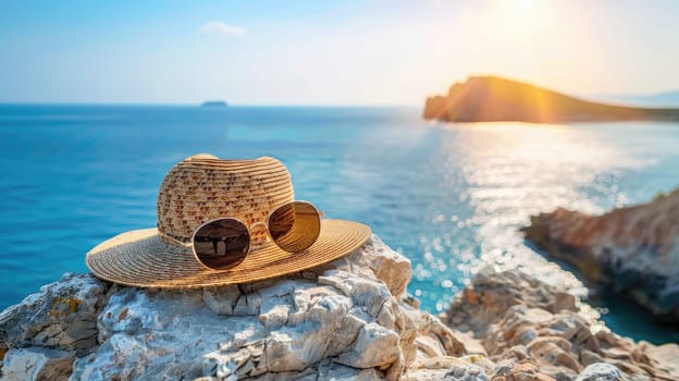 A straw hat and sunglasses rest on a rock by the ocean, offering a scenic view of the water, sky, and horizon. A perfect spot for leisure and travel AIG50